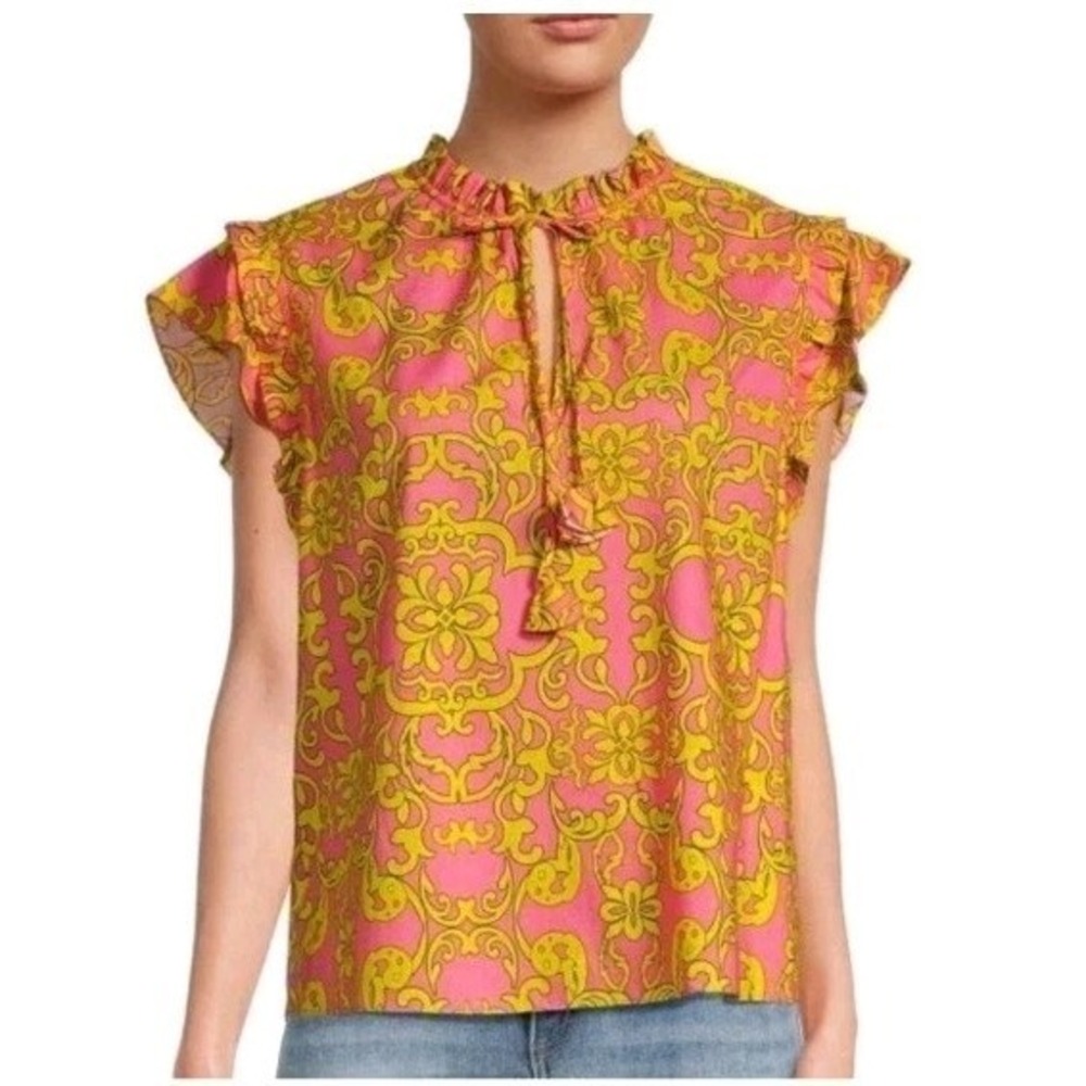 MISA Los Angeles Pink Yellow Ruffle Blouse Size L Boho Tassle Keyhole Neck EUC